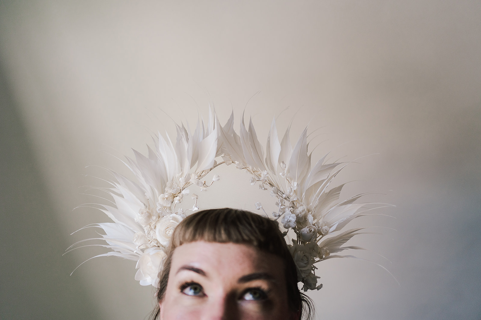 bride in Agnes Hart head piece
