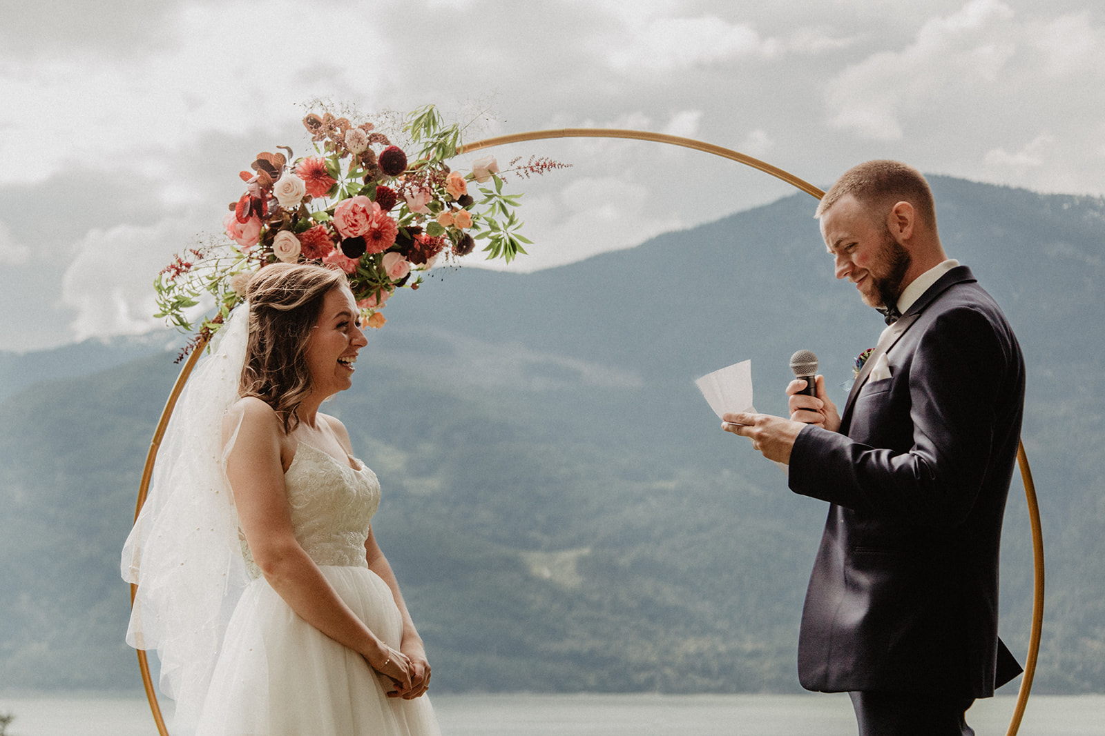 Sunny Vancouver wedding ceremony in front of mountain views