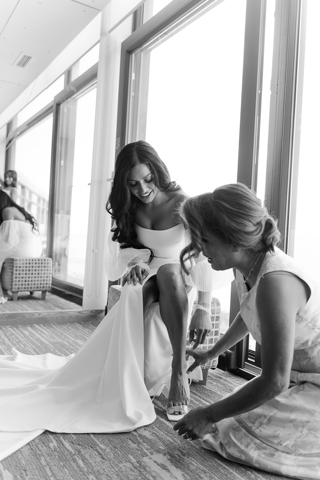 Details of putting on her wedding dress