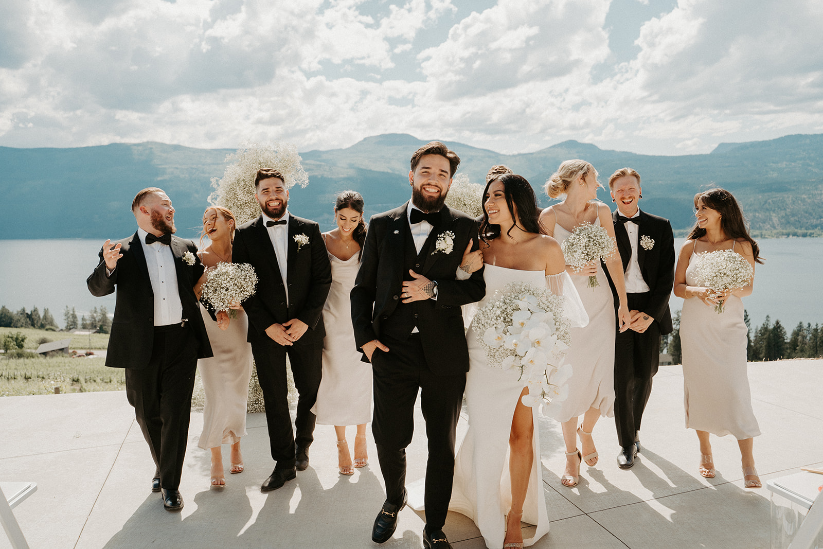 Wedding Party in Vineyard overlooking The Okanagan  lake
