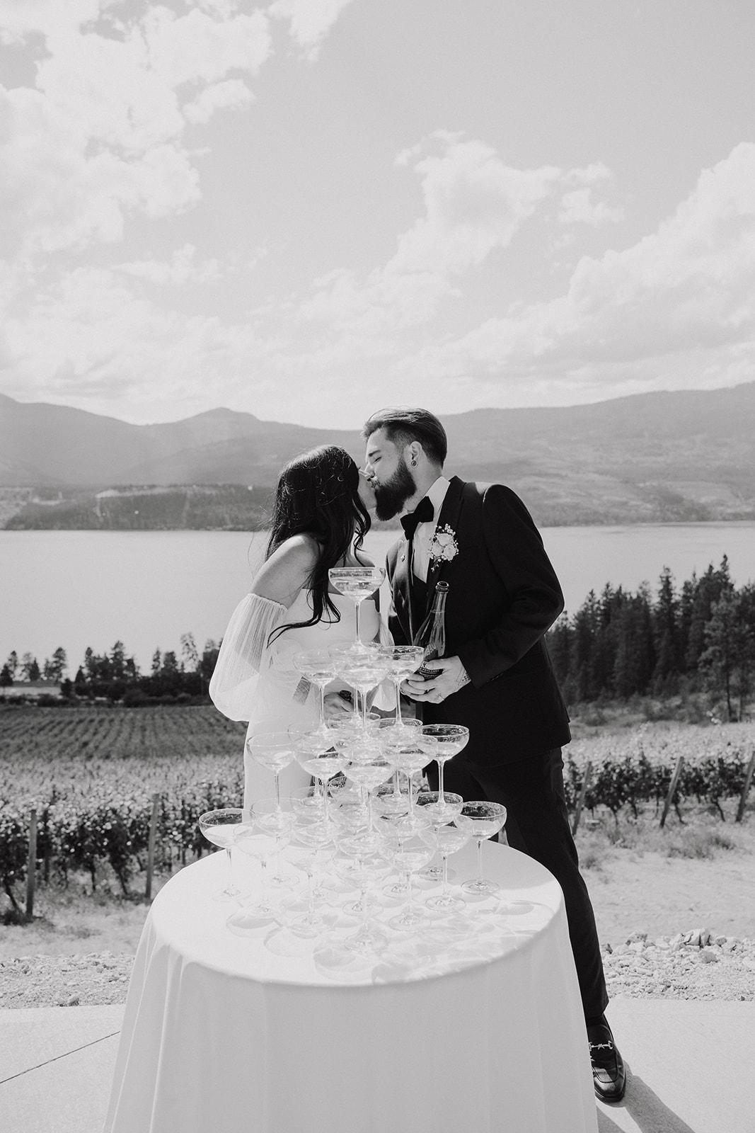 Champagne Wedding Tower  in Vineyard overlooking The Okanagan  lake