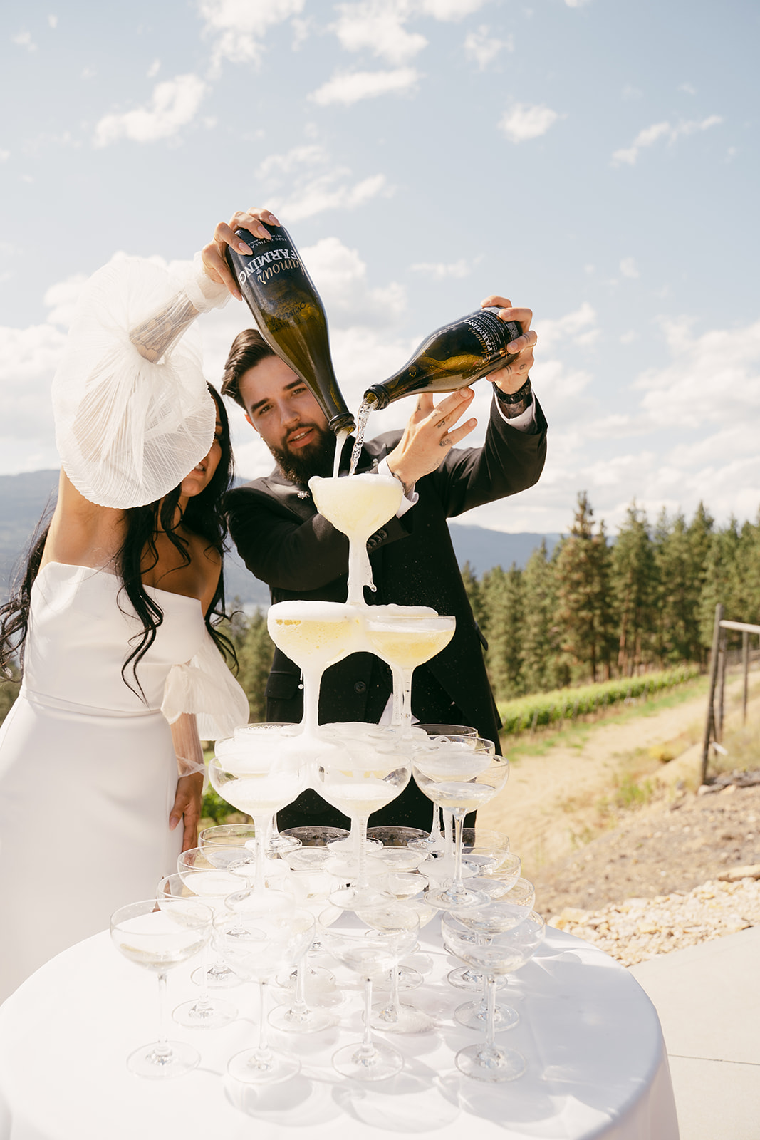 Champagne Wedding Tower  in Vineyard overlooking The Okanagan  lake