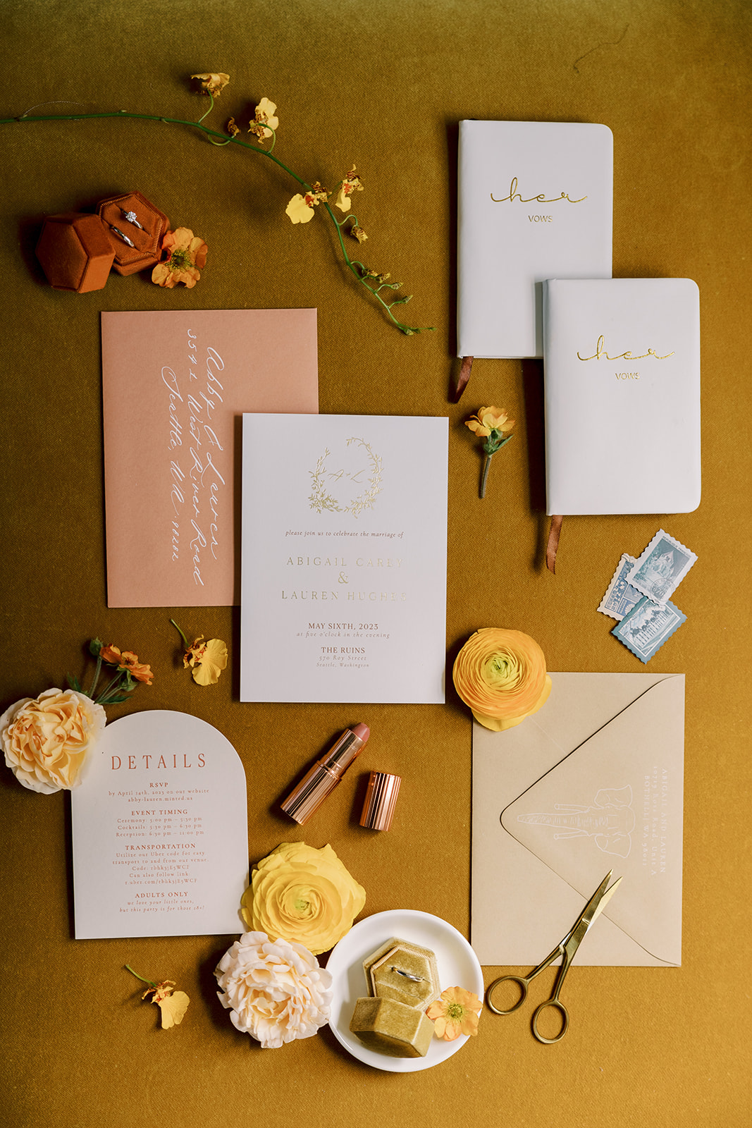 wedding invitation suite on yellow velvet