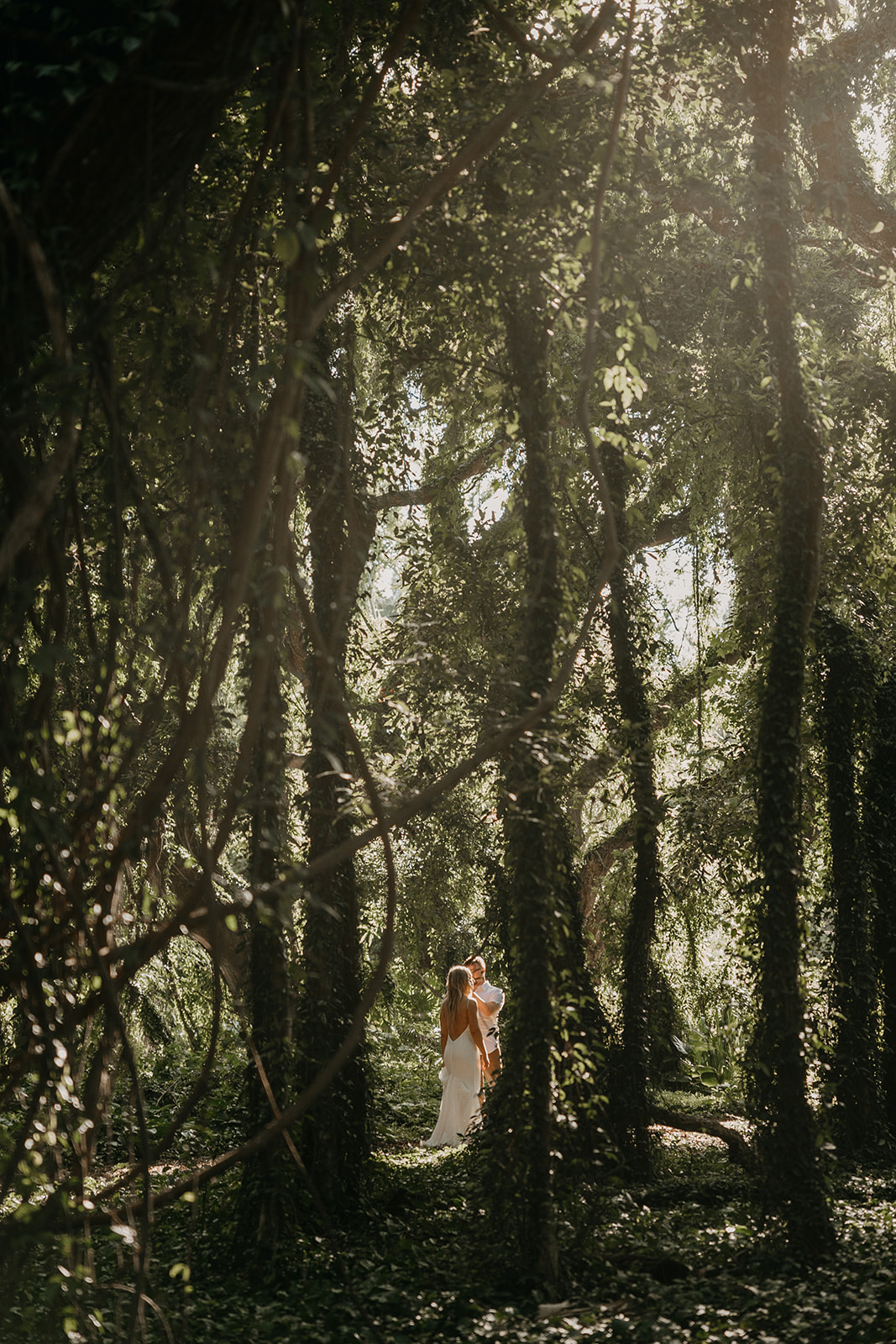 Couple who eloped in Maui, Hawaii exploring the Enchanted Forest at Honolua Bay during golden hour