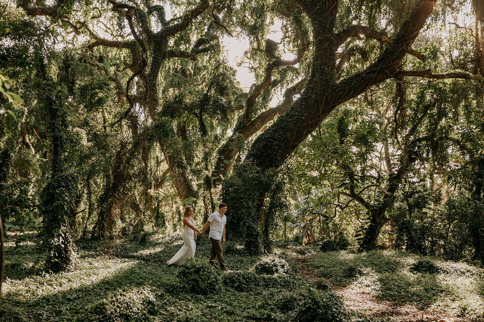 Couple who eloped in Maui, Hawaii exploring the Enchanted Forest at Honolua Bay during golden hour