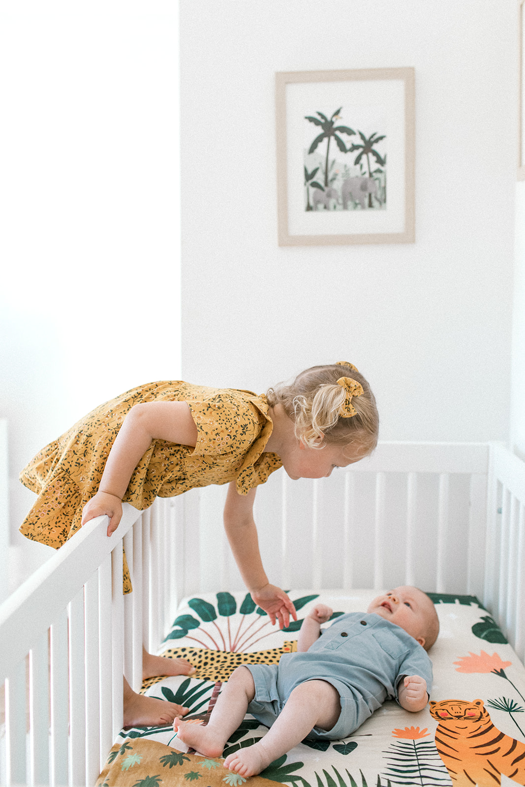 Big sister reaches into crib during family photoshoot