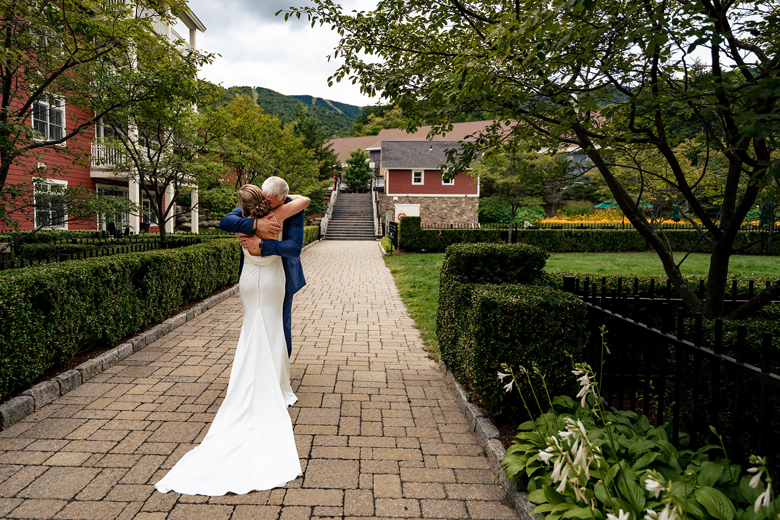 first look with bride and her father at Sugarbush Resort in Vermont