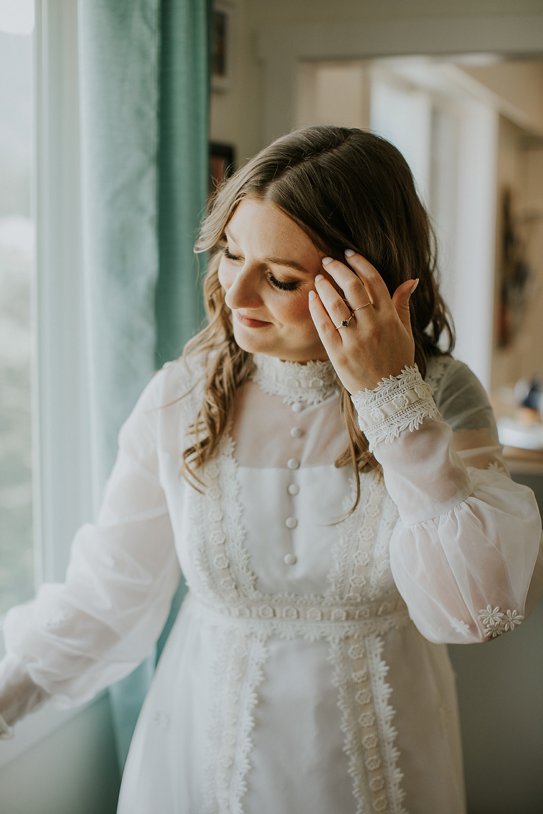 a bride in a thrifted wedding dress from the 70's