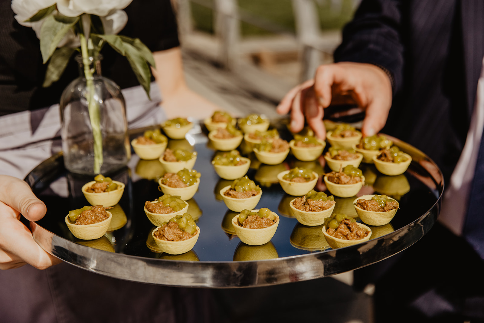Canapes before a wedding reception at a RHS Gardens Wisley Wedding. By Olive Joy Photography