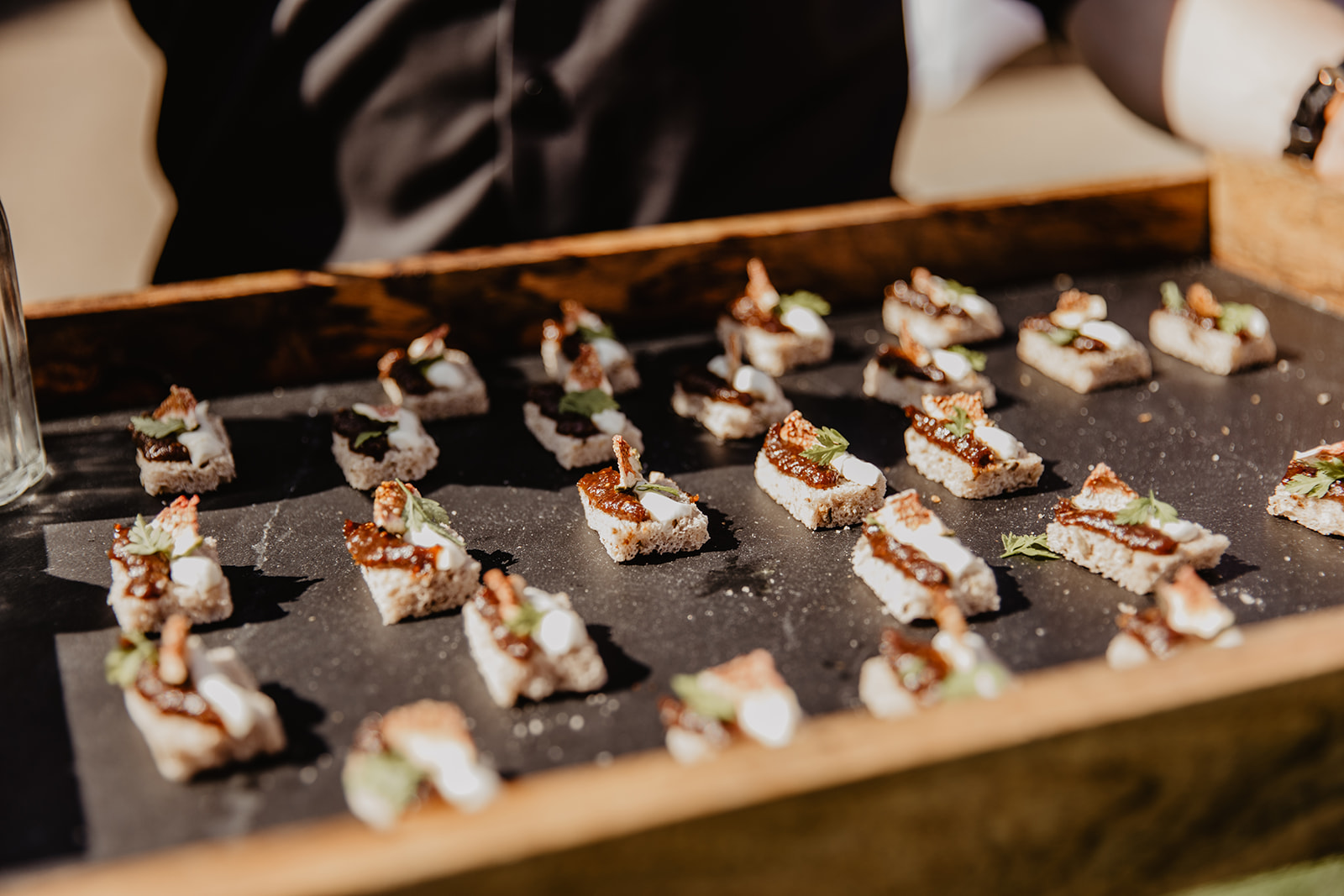 Canapes before a wedding reception at a RHS Gardens Wisley Wedding. By Olive Joy Photography