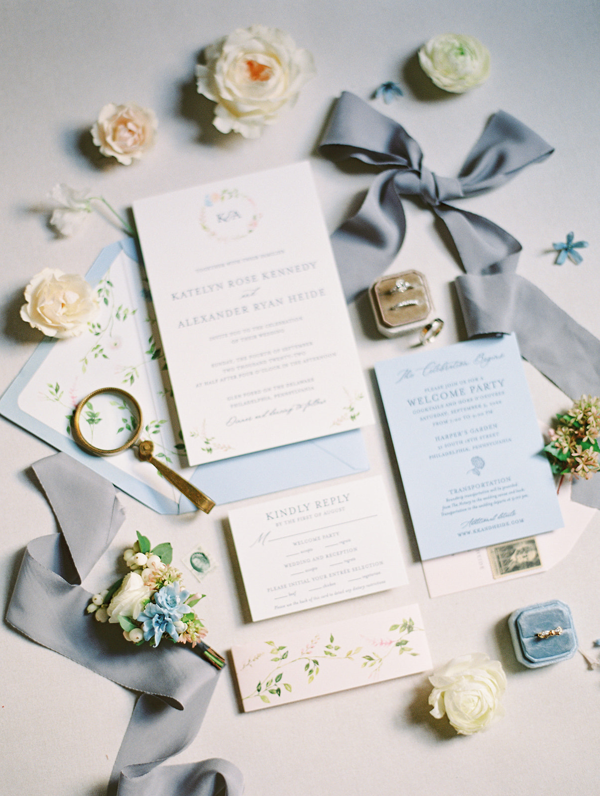 light blue invitation suite from Timeless Garden Wedding at Historic Glen Foerd Estate in Philadelphia, PA