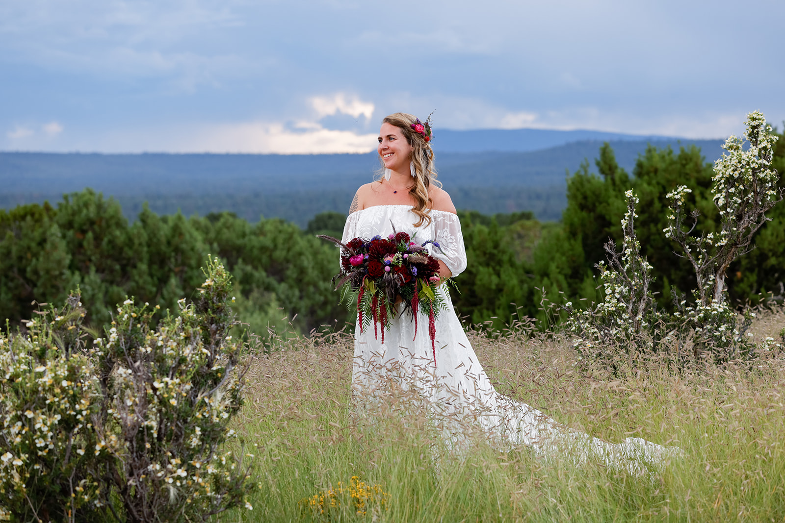 Boho romantic classic bride style in Flagstaff, Arizona. Outdoor ranch wedding photographers