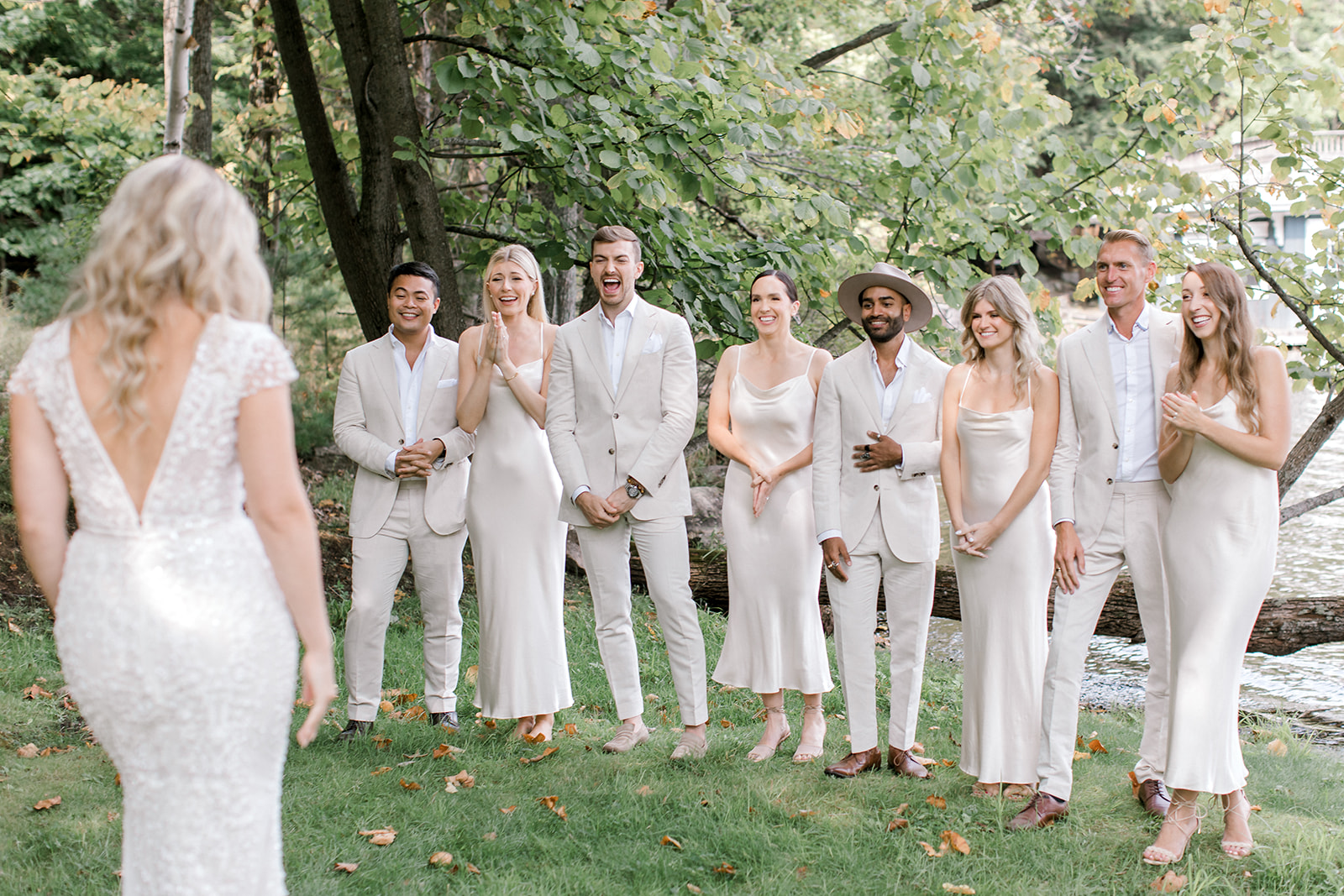 Bridal Party First Look during wedding at Muskoka Lakes Golf & Country Club in Port Carling