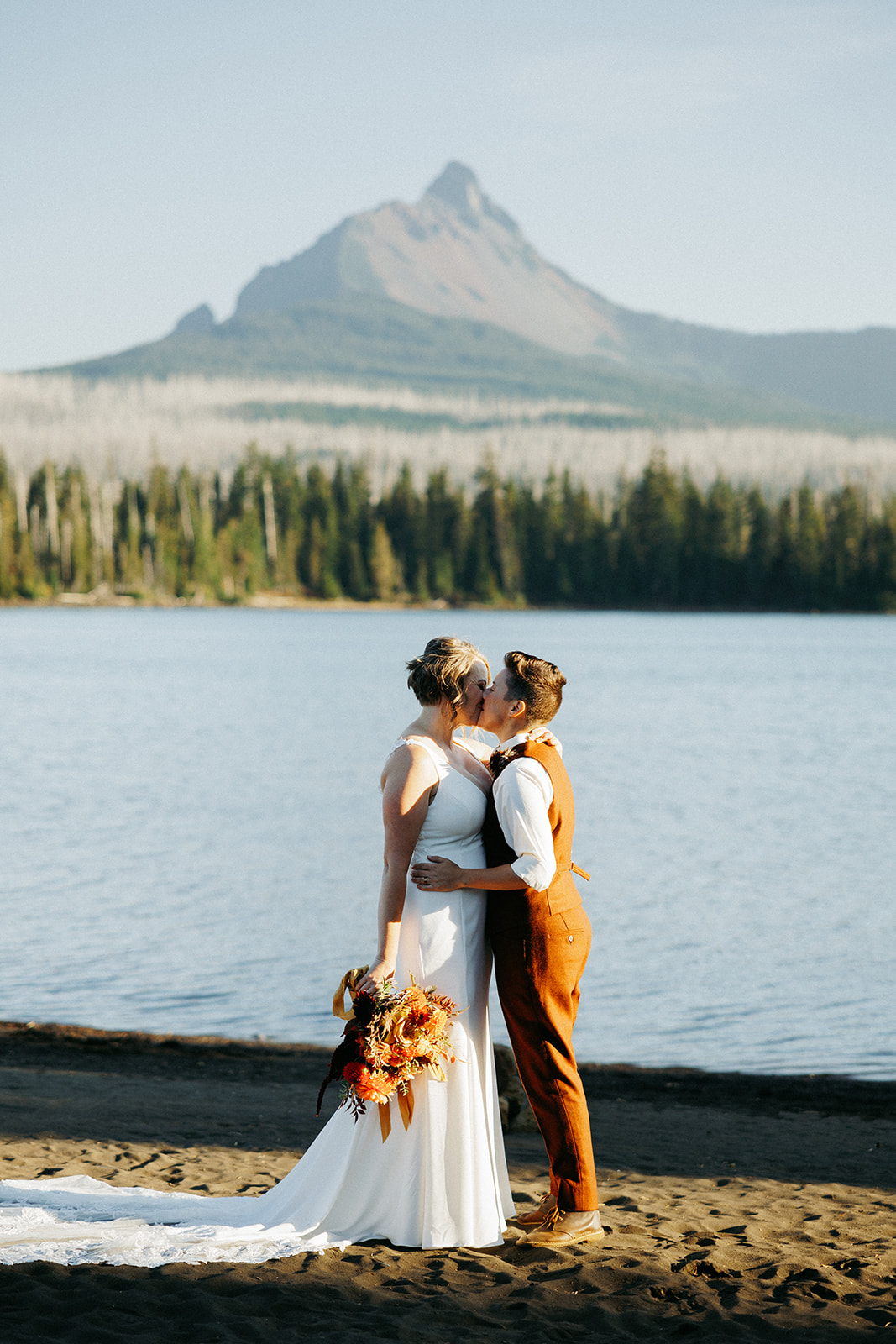 Brides in Oregon with Mountains. 