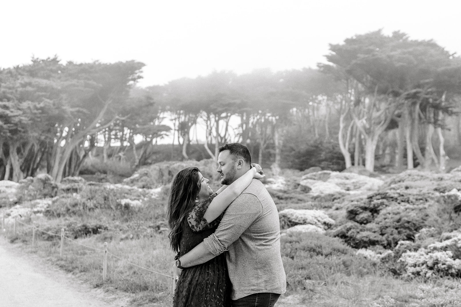 black and whiteA couple celebrates their engagement in the Cypress trees in fog at Lands End San Francisco CA.