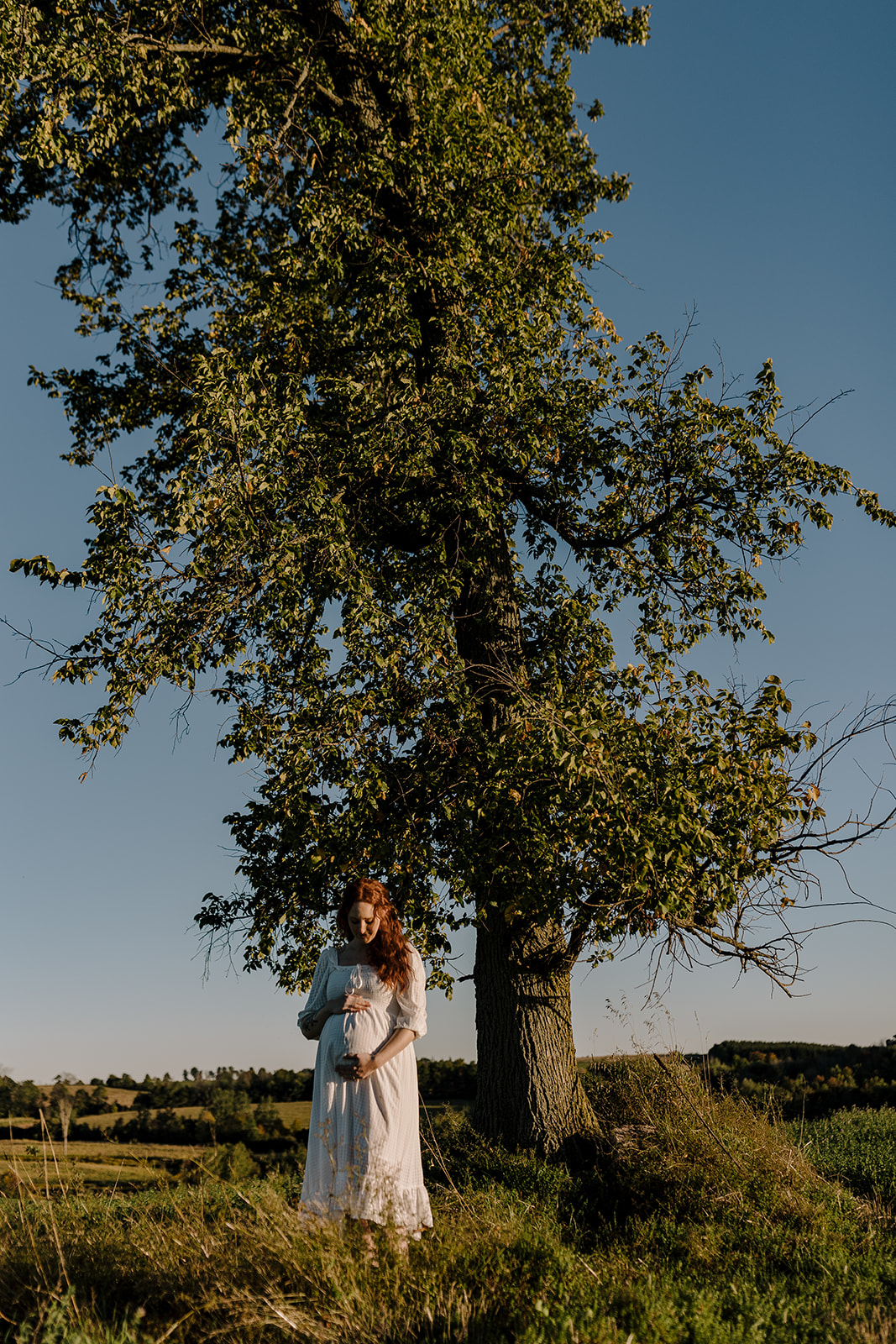 pregnant woman holding belly in white dress in front of tree at sunset