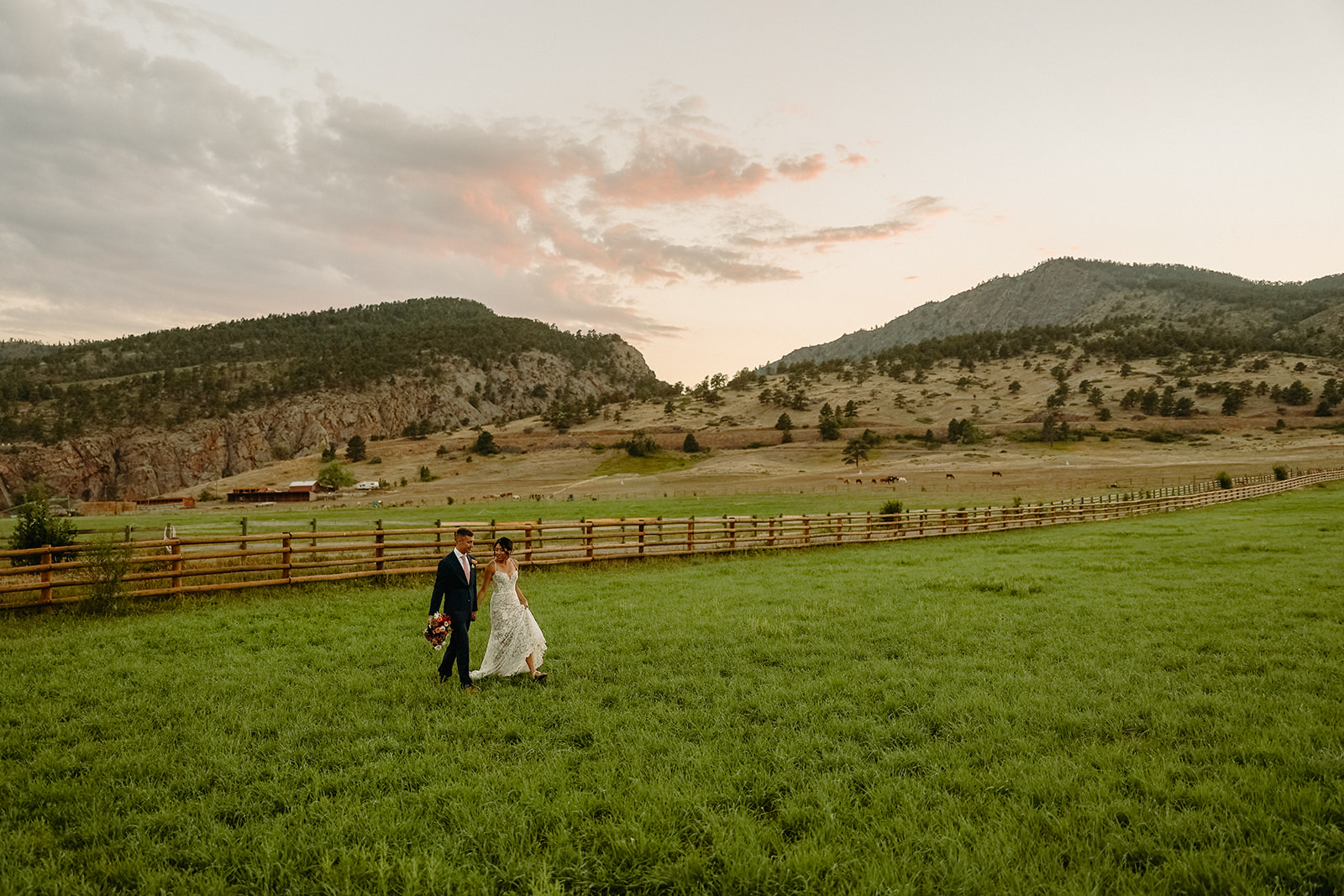 Man and woman walking along the Dale Guest Ranch for their Rocky Mountain Bride Styled Editorial