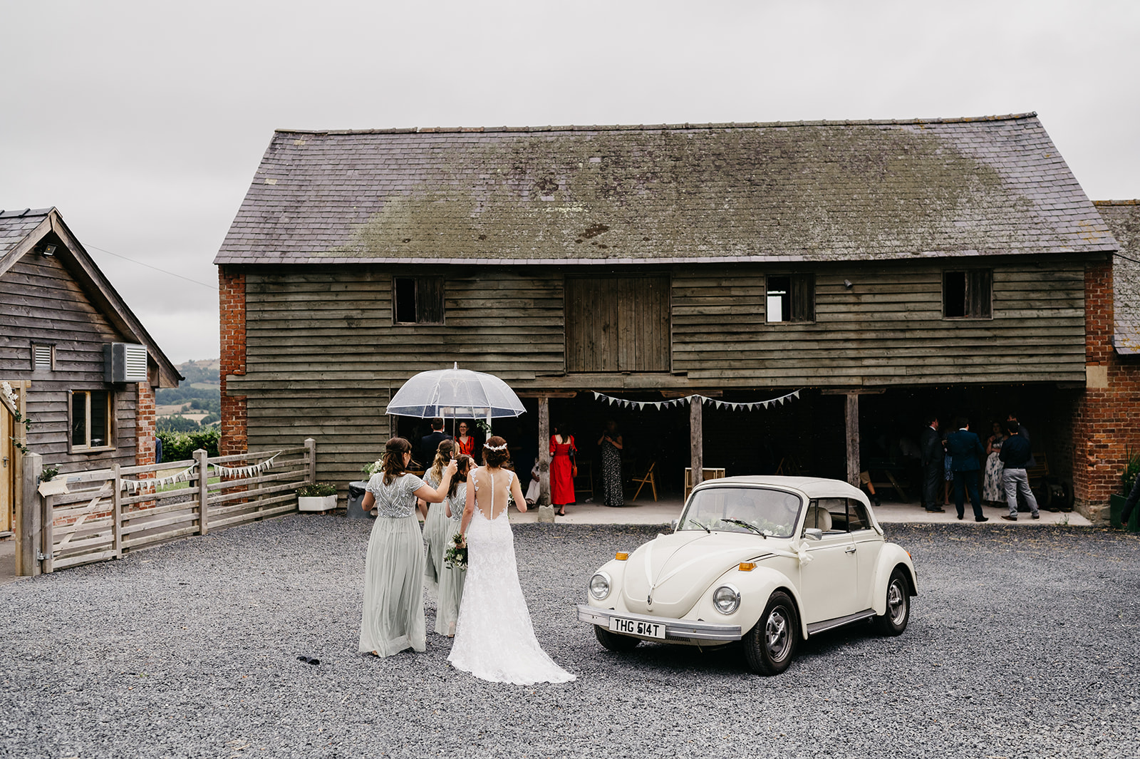 vintage VW beatle bridal car at Camlad Barns
