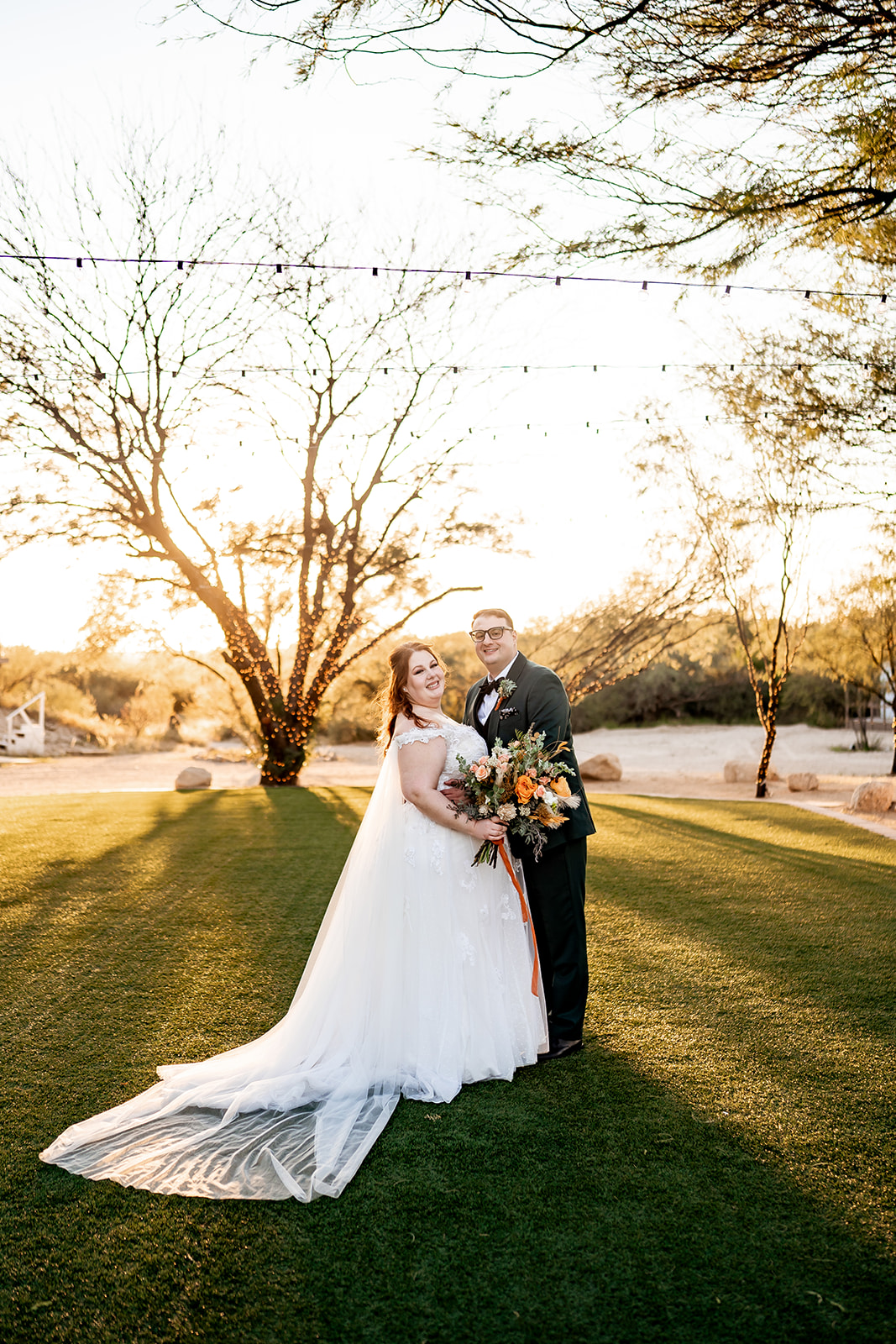 bride and groom sunset portraits at saguaro buttes wedding venue