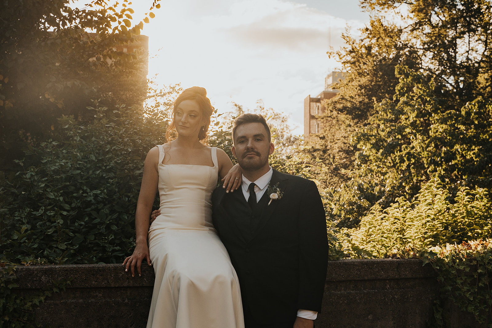 Bride and groom during golden hour