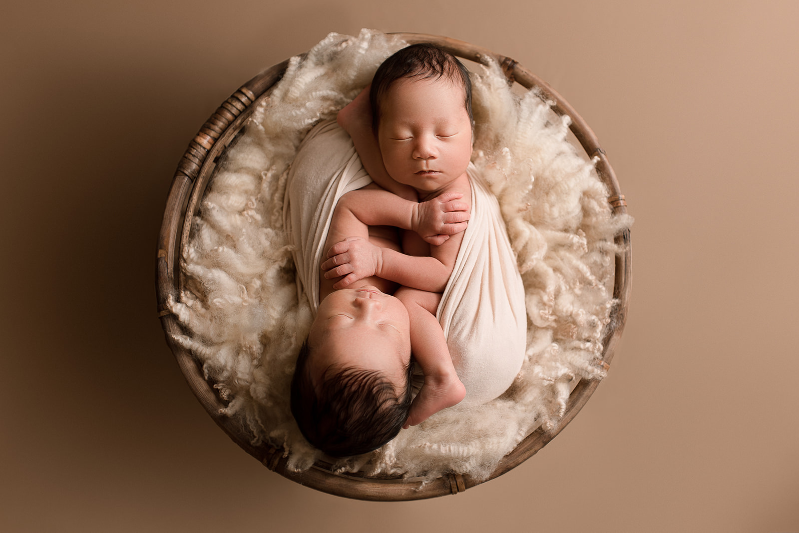 identical newborn twins swaddled in a basket