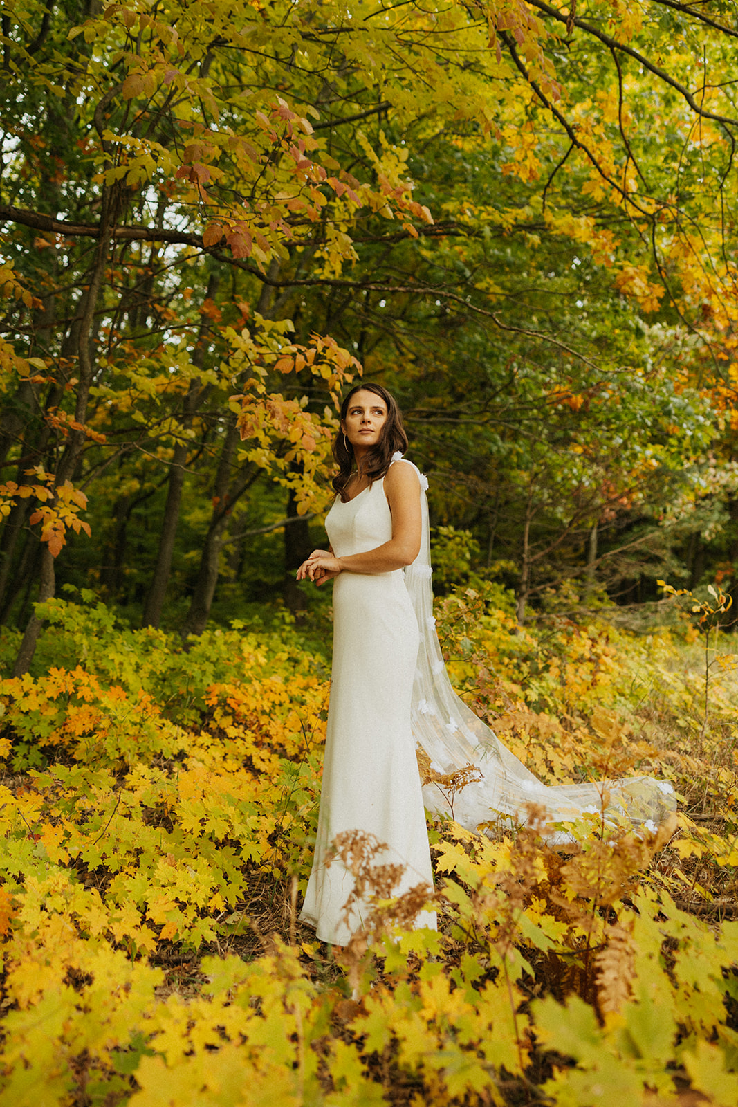 Bride standing in a wide open field with fall leaves and colors all around in West Michigan.