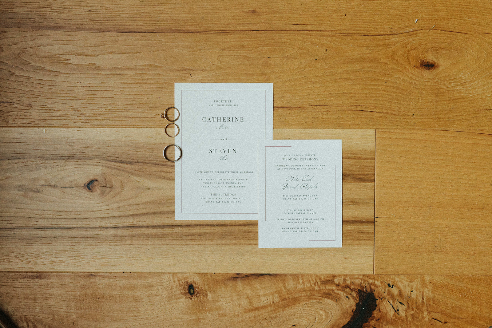 Downtown Grand Rapids Wedding invitations in a layflat photograph