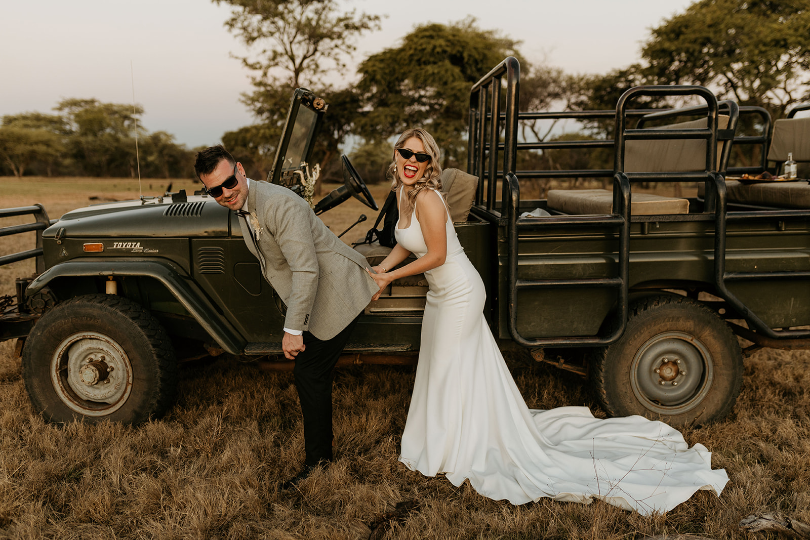 Bride and groom at sunset in the bushveld