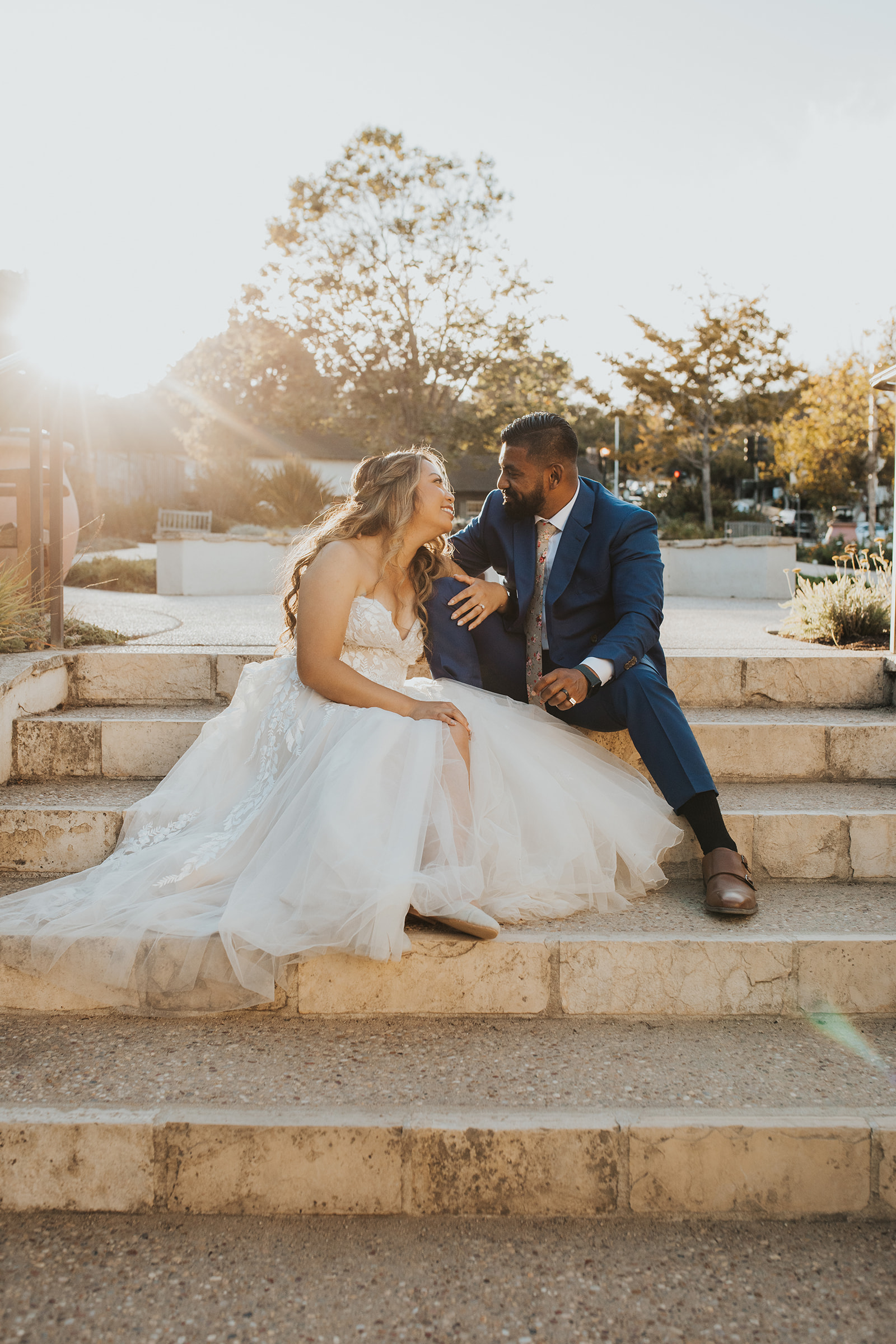 Newlywed couple during golden hour
