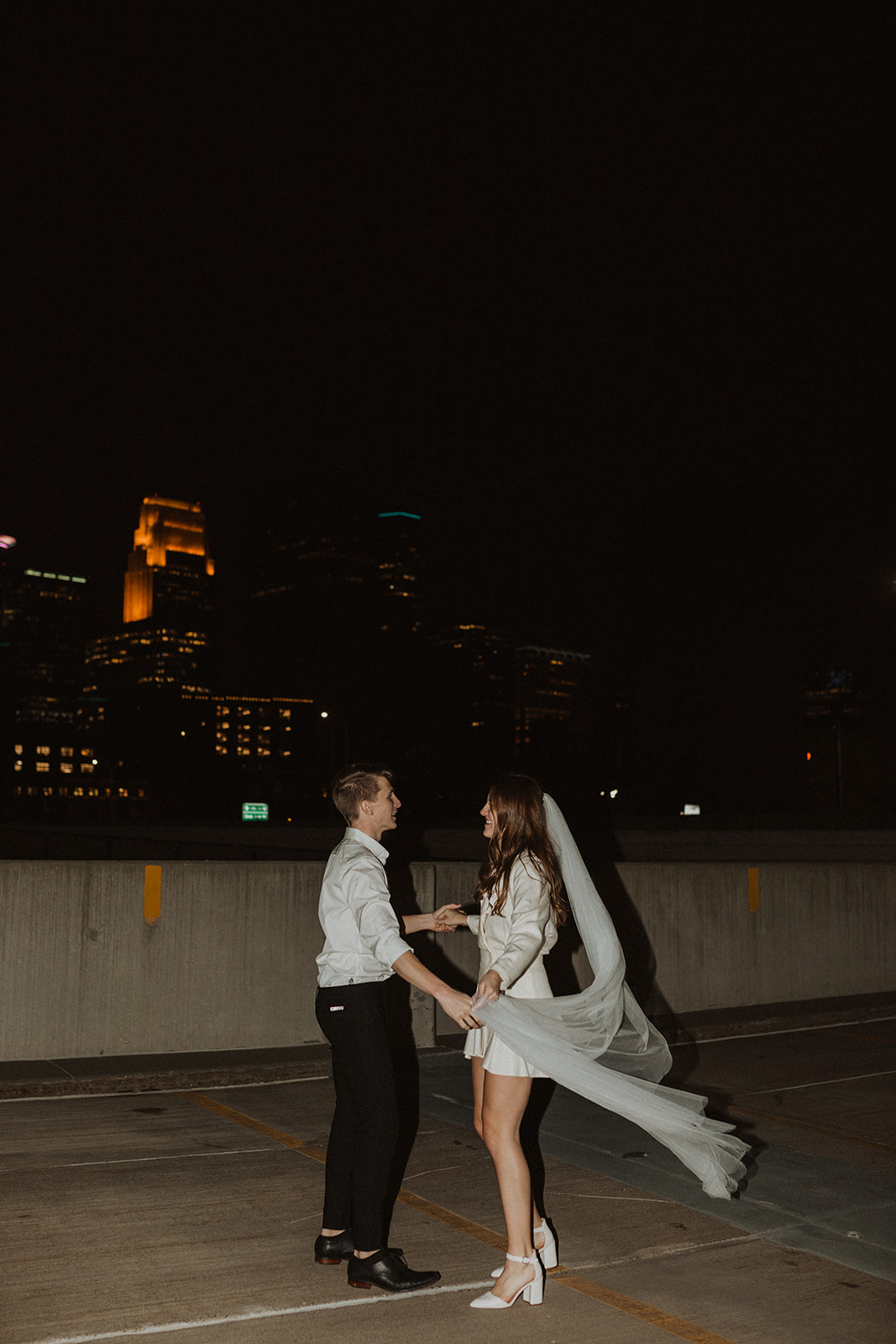 Nostalgic elopement engagement session in North Loop Minneapolis flash photography