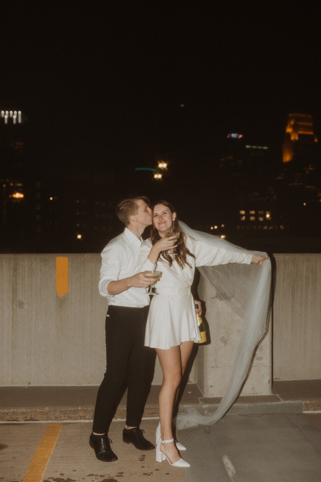 Nostalgic elopement engagement session in North Loop Minneapolis flash photography