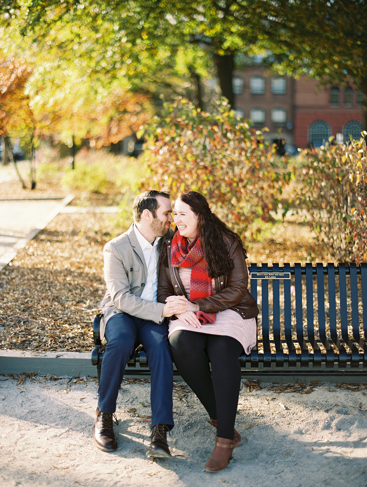 fall engagement alexandria virginia autumn engagement knitting engagement session red leaves autumn photoshoot bench
