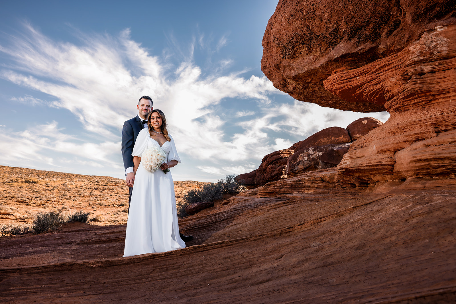 Epic blue skies and sunset for romantic elopement at Horseshoe Bend in Northern Arizona,
