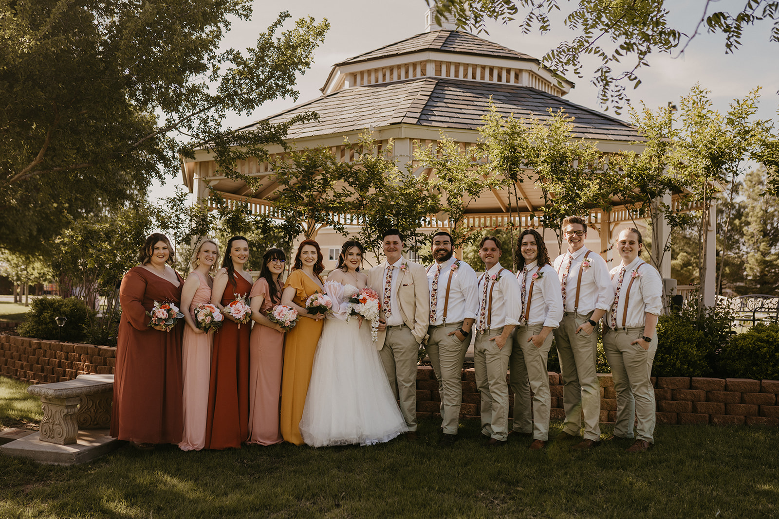 wedding party photos at Lubbock Texas outdoor gazebo wedding 