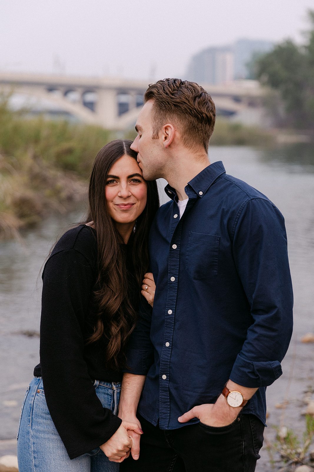 Downtown Calgary Classic and Casual engagement photography, photographs at Centre Street Bridge and Prince's Island Park