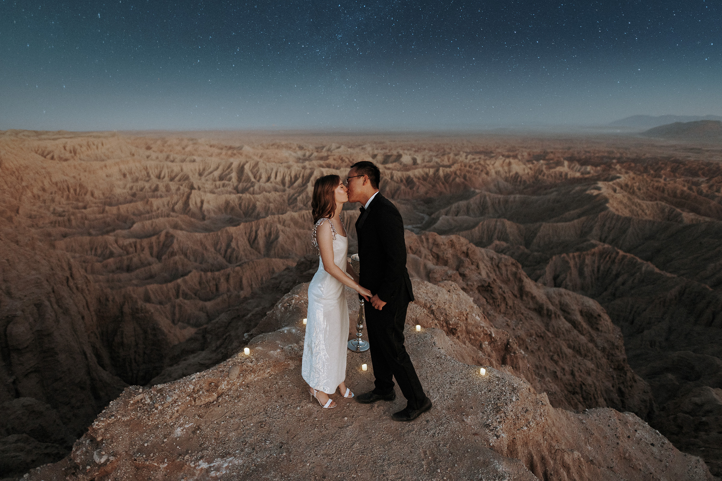 Palm Springs elopement engagement photos with milky way at night.