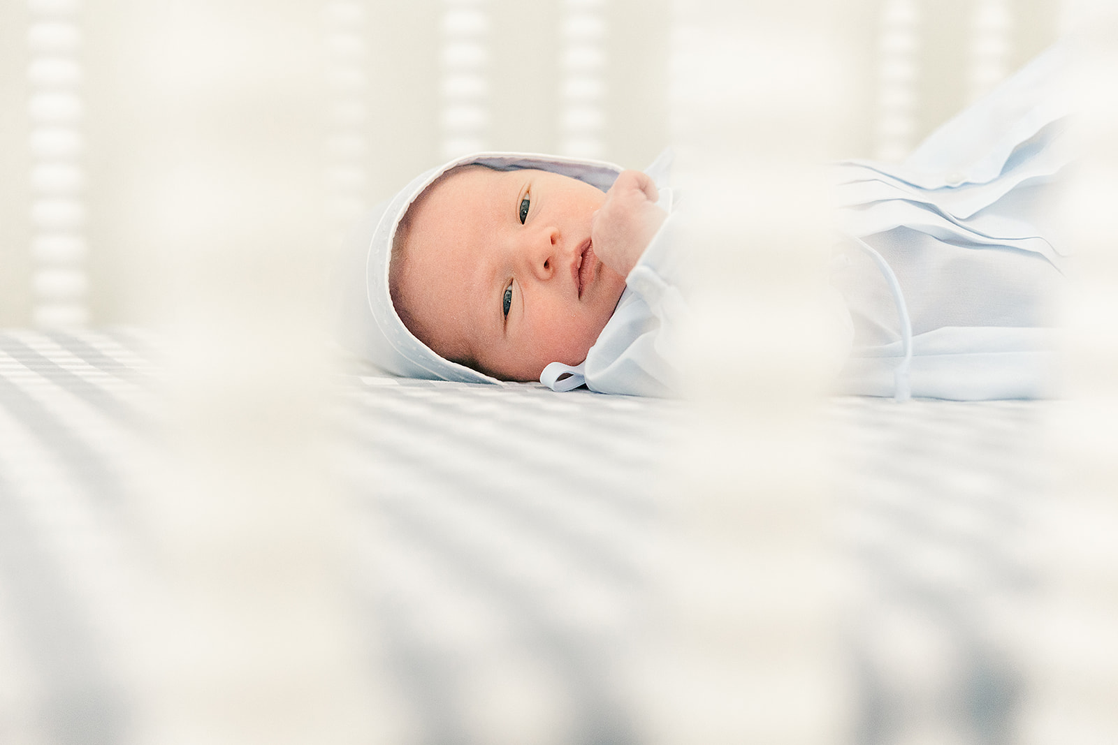 Blue and white newborn boy photos at home