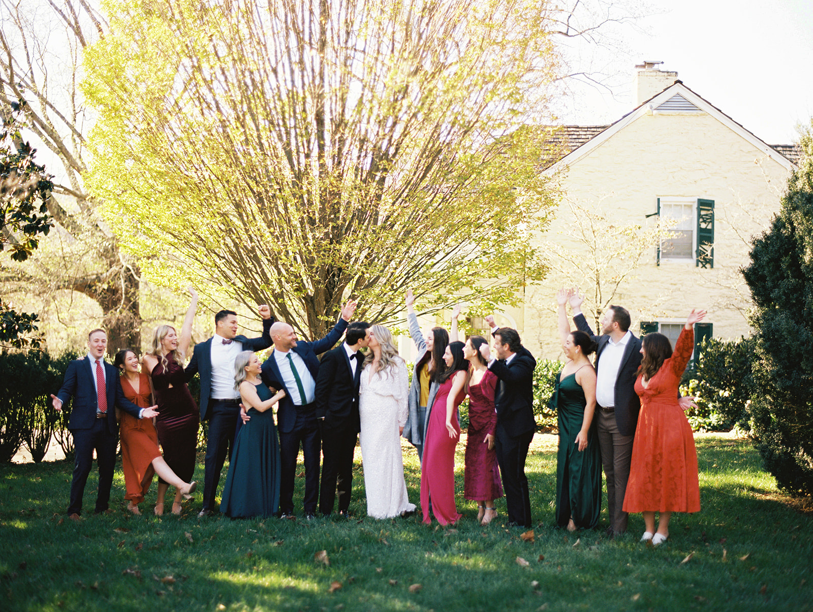bride and groom kiss groomsmen and bridesmaids pictures post ceremony pictures  elegant wedding pictures