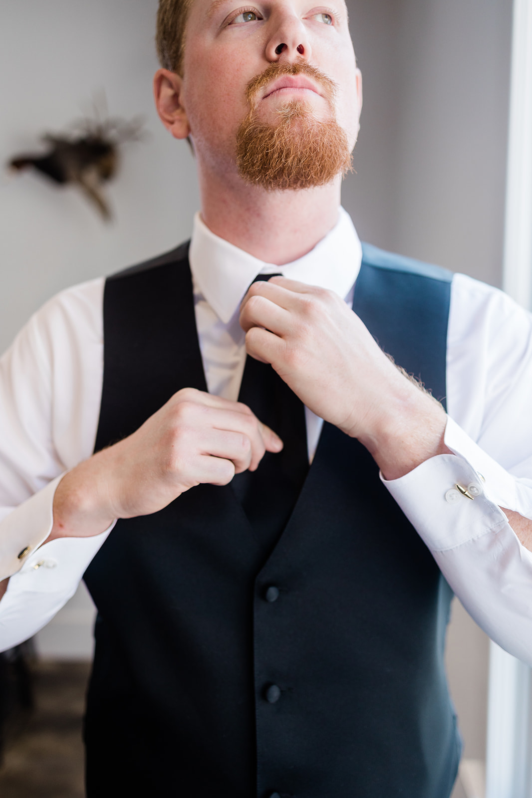 A groom is preparing for his big day. He is getting dressed into his groom attire specifically adjusting his tie in this