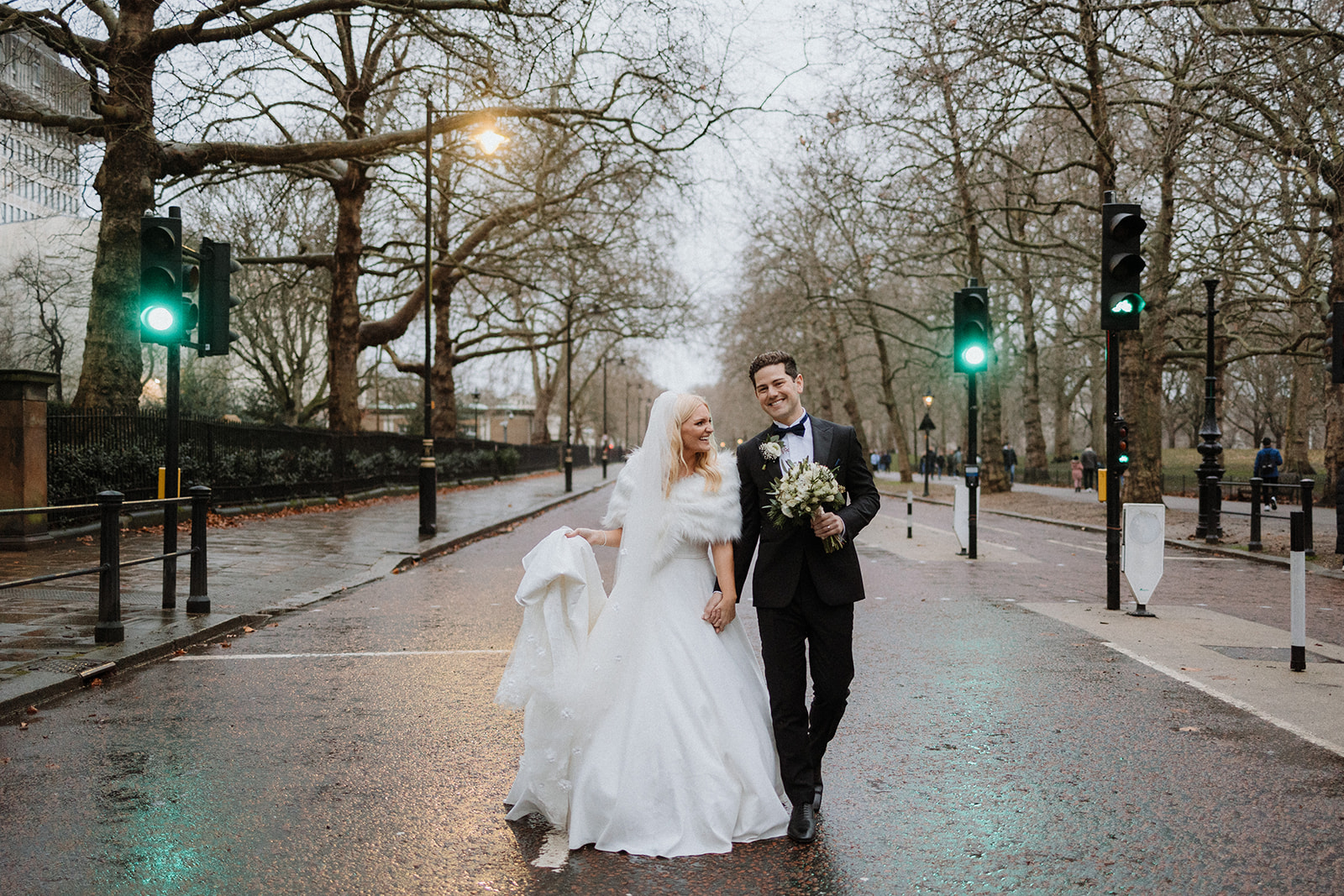 Black Tie New Years Eve luxury wedding in London, married at Westminster Cathedral, direct flash VOUGE paparazzi couple 