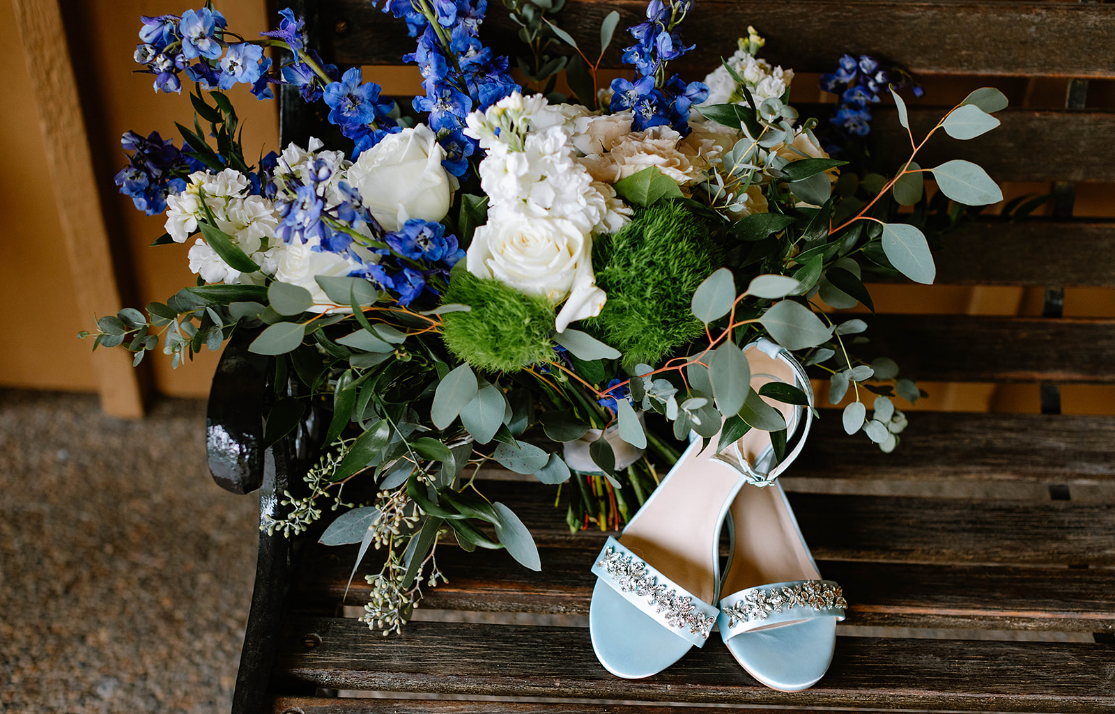 wedding shoes and flowers outside oregon church