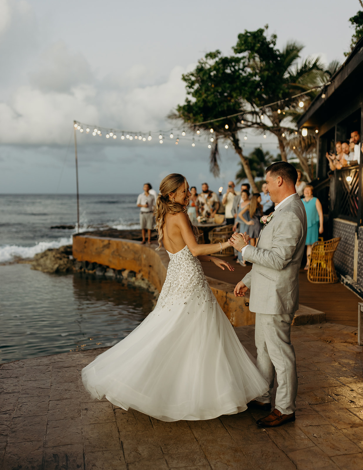 Destination wedding couple during first dance at The Waves Hotel on St. Croix