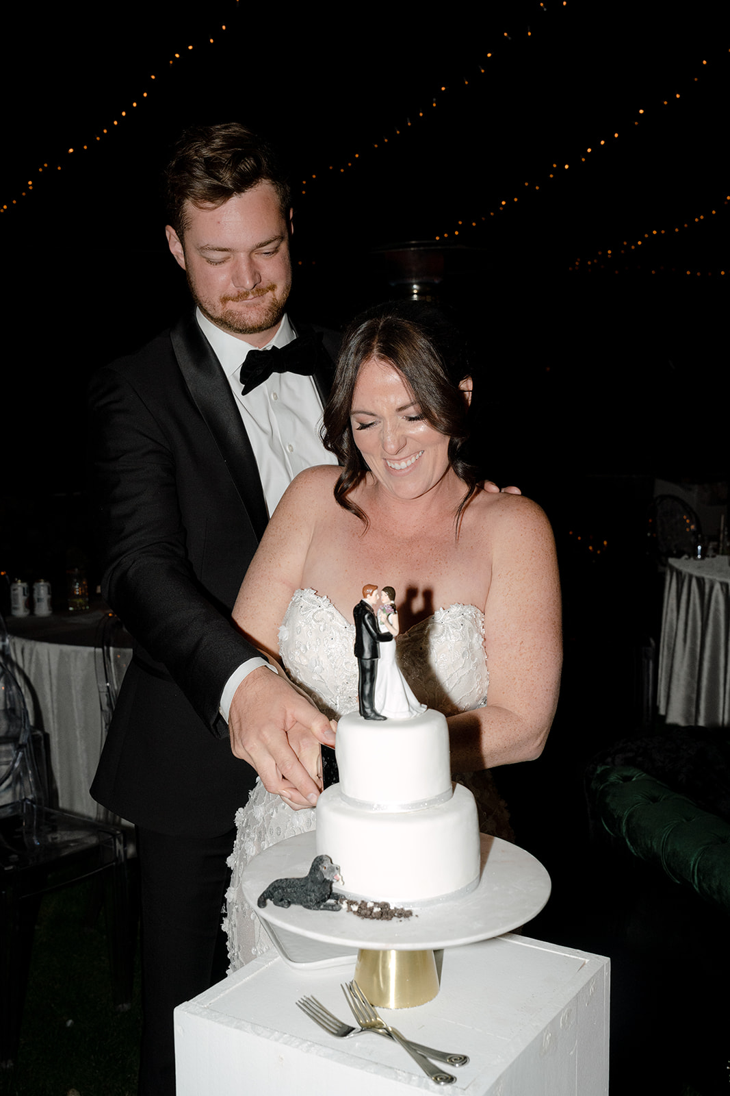 A newlywed couple cuts the cake at their wedding reception