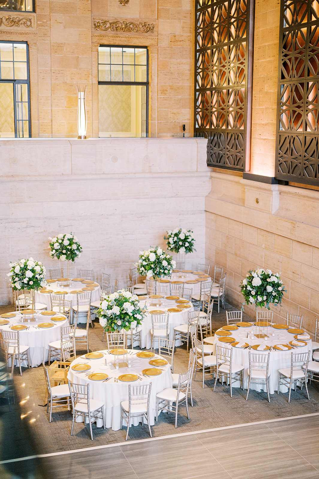 Reception decor in white and green for Classic Airy Winter Wedding at Philadelphia's Historic Union Trust