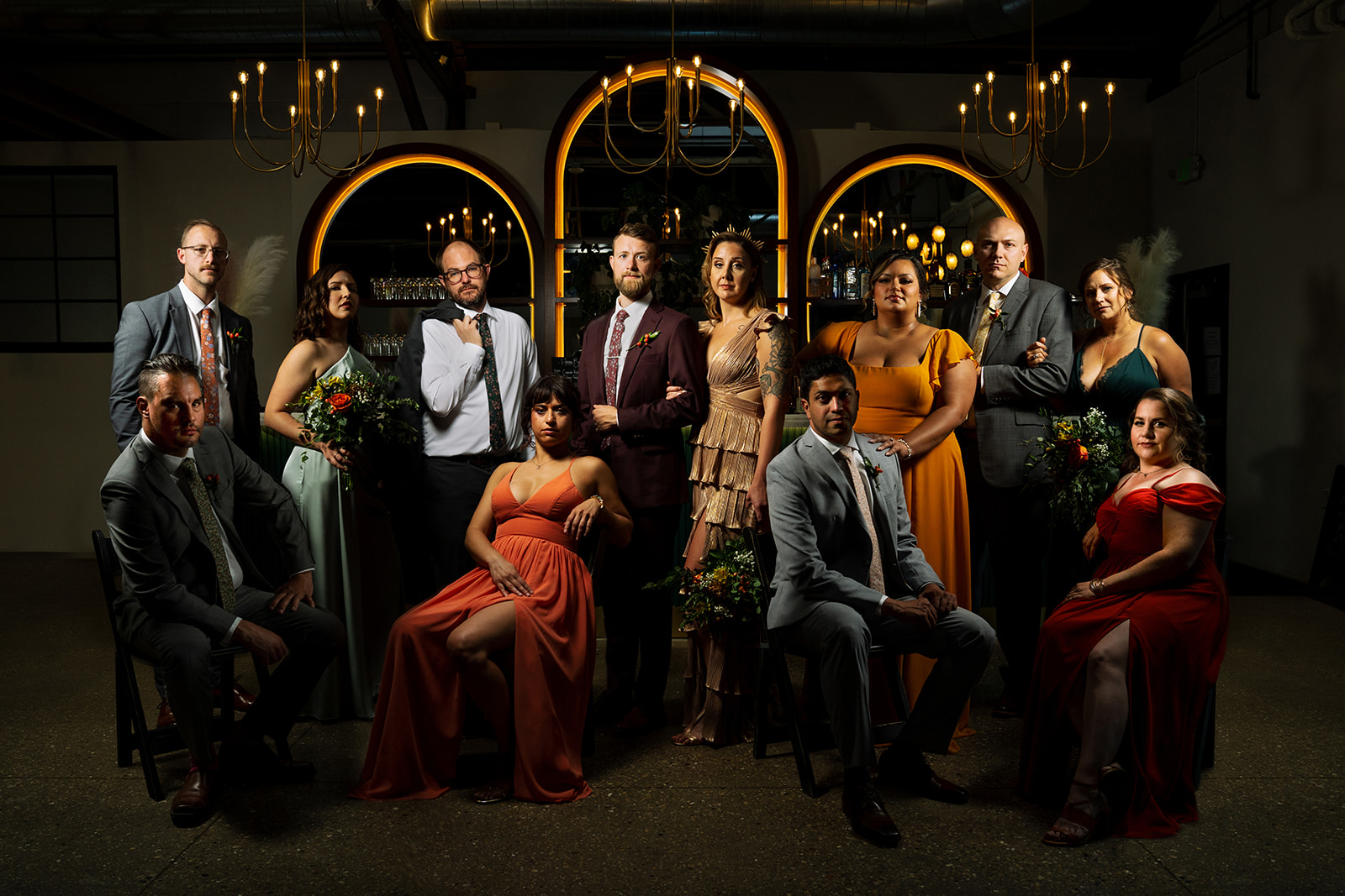 A stunning formal portrait of a wedding party at The Tinsmith