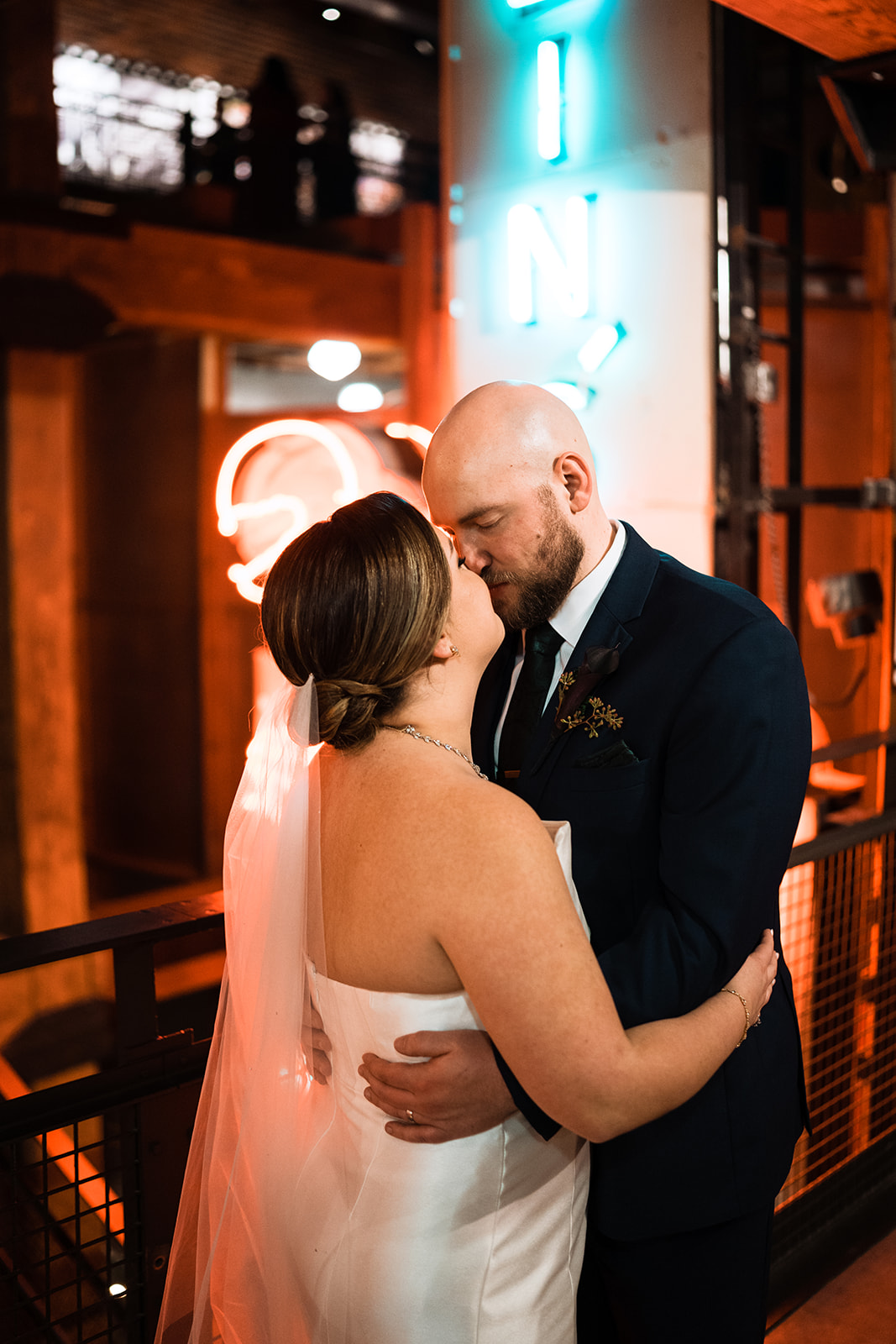 A wedding couple with neons at a Heinz History Center Wedding