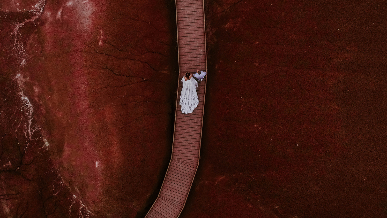 A bride and groom on the bridge at the Painted Hills from above