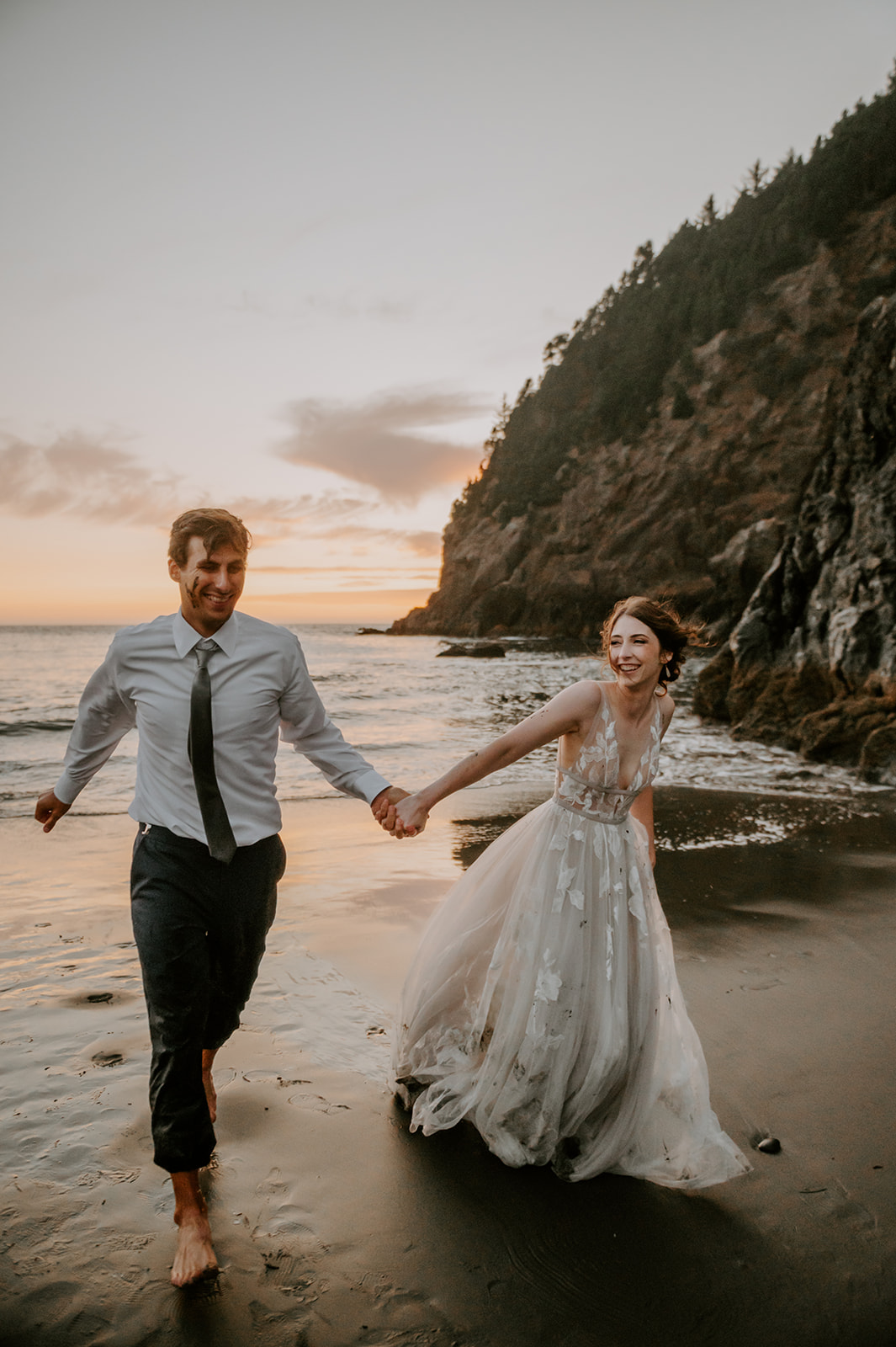 Bride and groom running at sunset at Samuel H Boardman on the Oregon Coast