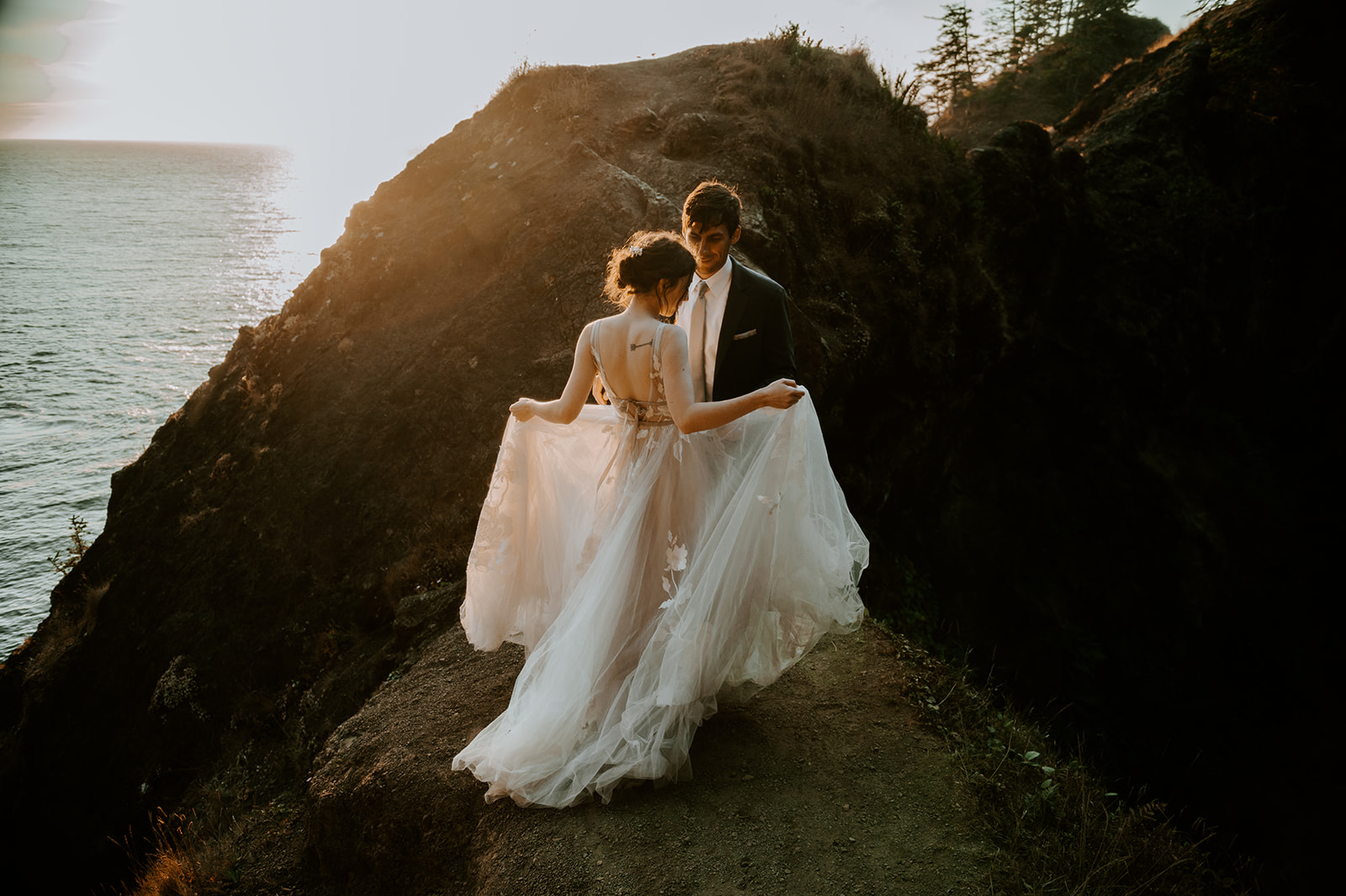Bride and groom at sunset at the arches at Samuel h boardman on the Oregon coast