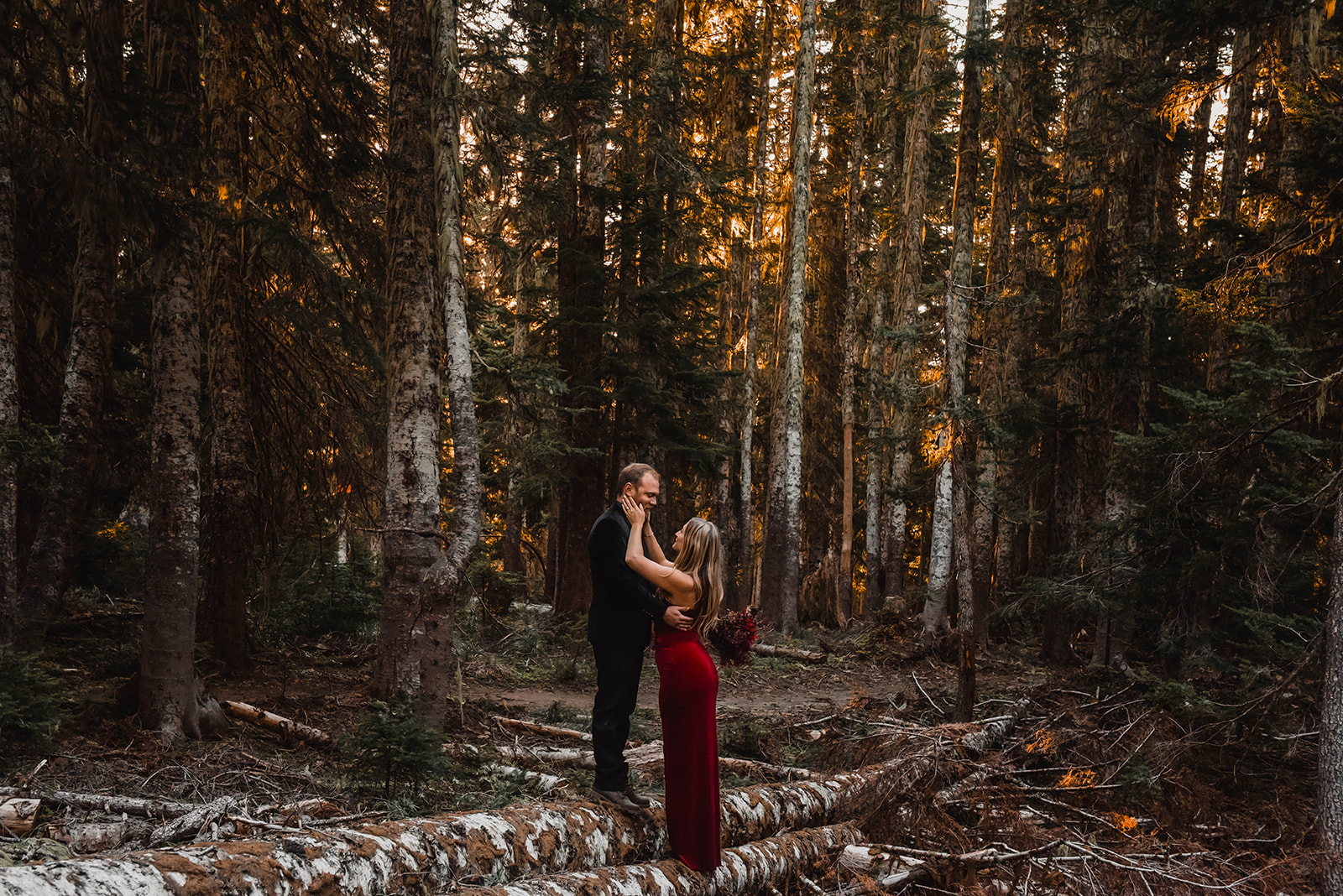 A couple standing in the trees while golden light comes through. She is grabbing his face and wearing a red velvet dress